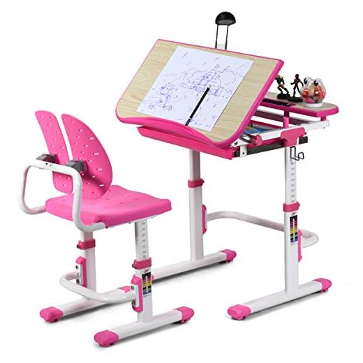Baby Joy Kids Desk and Chair Set, Height Adjustable, Children Study Table with Tilted Desktop, Pull Out Spacious Storage Drawer, Student Writing Desk for Studying, Reading and Drawing (Pink)