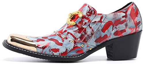 Santimon Mens Loafers Casual Dress Slip On Mocassins Gold Chain Metal Square-Toe Genuine Leather Heel Penny Loafers Wedding Party Disco Western Cowboy Ballroom Prom Shoes2