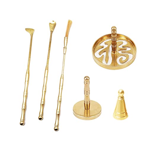 SKMIHJL 6-teiliges Räucherstäbchenherstellungs-Set, Messing-Räucherform, Werkzeugset, Räucherlöffel, Aschepresse, Räucherschaufel, Räucherkegel, Turmform, Lotus-Räucherkegel-Formen für DIY (Gold) Cover