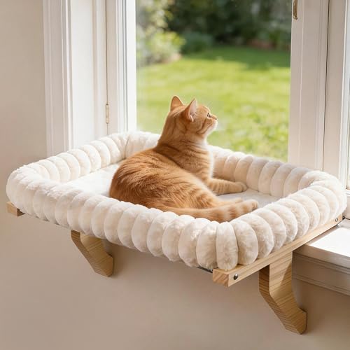 Zoratoo Cloud-Cuddle Cat Perch for Window Sill with Bolster Natural Wood & Metal Frame Cat Window Seat for Large Cats Easy to Adjust Zipper Cushion Pet Bed for Windowsill (Large)