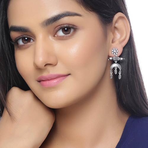 Image of Voylla Oxidised Silver Plating Brass Floral Motifs Dangler Earrings for Women and Girls, Boho /Tribal Style