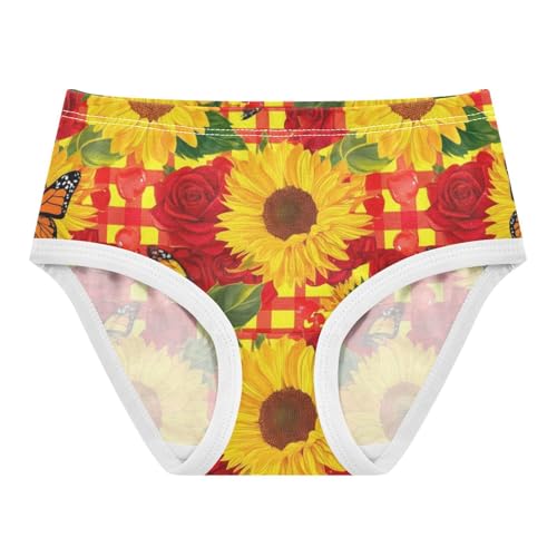 Autumn Bright Sunflowers Red Plaid Little Girl Panties Toddler Underwear Floral Cotton Stylish Kids Briefs Undies 2t