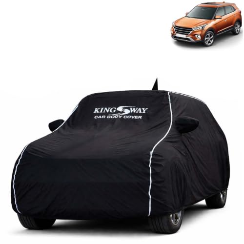 Image of KINGSWAY Super Waterproof Car Cover Only with Hyundai Creta (Year 2018 to 2019 - All Model) | Mirror and Antenna Pockets | All Weather Car Body Cover with Silver Piping | Black