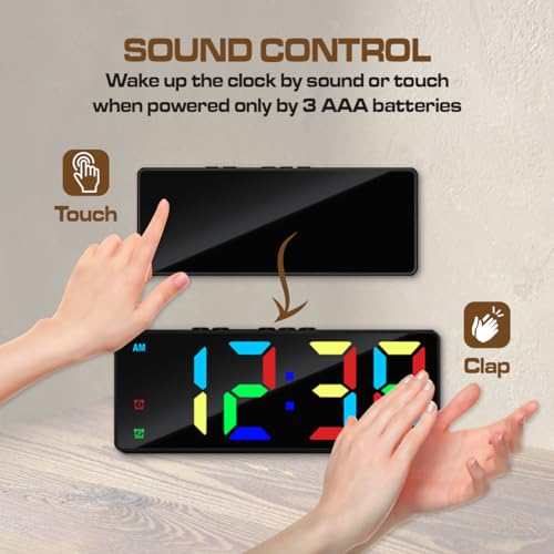 Image of Digital Alarm Clock, Mirror Surface LED Electronic Clocks Large Display, Adjustable Brightness, Dual Power Supply, Snooze Model for Bedroom, Desk, Office (Black Case + Dynamic Digit)