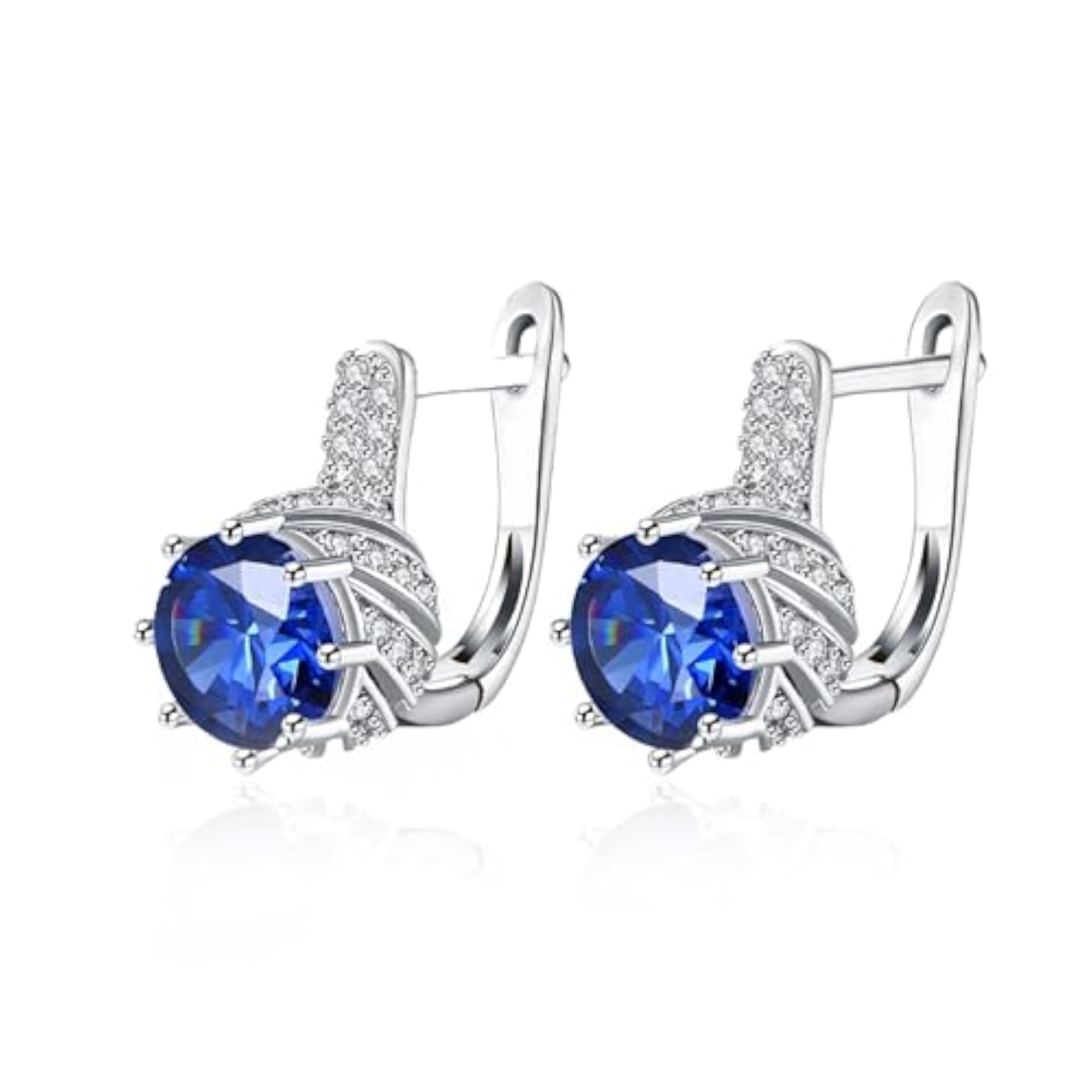 Women's Silver Plated Fancy Blue Hoop Earrings with Crystal & Cubic Zirconia