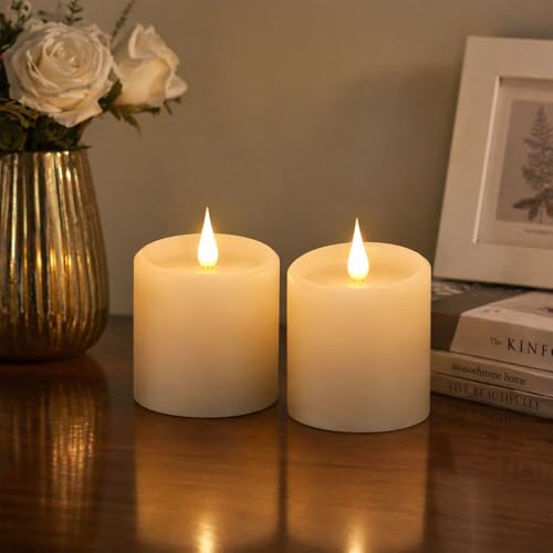 Image of Flickering Flameless Candles with 3D Moving Flame, Real Wax Battery Operated Candles with Timer and Remote, Last 600+ Hours, 3 inch x 3 inch LED Fake Candles for Home Wedding Christmas Decor, 2 Pack