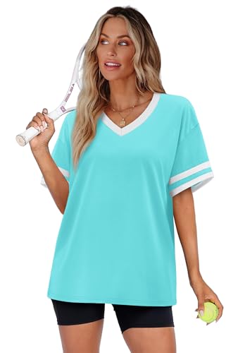 Image of WIHOLL Womens T Shirts Loose Fit Short Sleeve Tees V Neck Color Block Summer Tops 2026 Fashion S-4XL