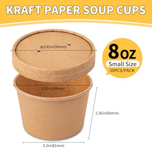 Image of PakTalk Paper Soup Containers with Lids, 50 Pack Brown Soup Bowls Biodegradable Ice Cream Cups with LidS for Hot Soup or Ice Cream (50 sets, 8 oz)
