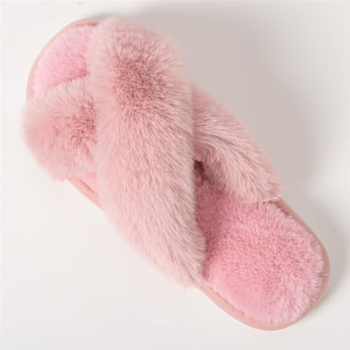 Women's Fuzzy Cross Band Slippers Indoor Outdoor Soft Open Toe House Slippers2