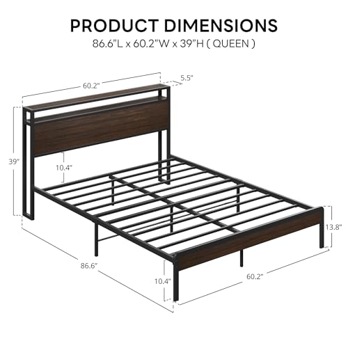 Image of LIKIMIO Queen Bed Frame with Headboard, Dark Wood Camas Queen with Strong Supports, Sturdy, Noise-Free, No Box Spring Needed, Dark Brown