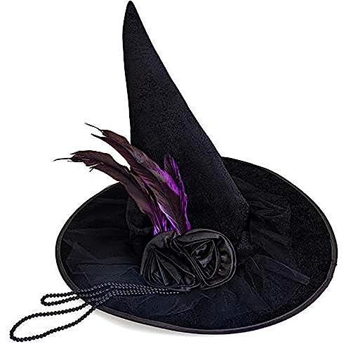 Sorrowso Chapeau de sorcière d'Halloween en velours délicat pour bal masqué Chaîne exquise pour adultes Cosplay Accessoire de costume Adulte Chapeau de sorcière