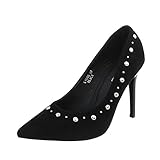 Spitze Pumps mit Schmucksteinen verziert. Diese klassischen Schuhe mit Stilettoabsatz sind aus weichem Wildlederimitat gefertigt. Die gepolsterte Decksohle sorgt für angenehmen Tragekomfort.