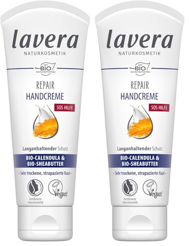 lavera Repair Crema mani – Calendula Biologica e Burro di karitè – SOS per mani stressate – Protezione duratura – Vegano, Bio (1 x 75 ml) (Confezione da 2)