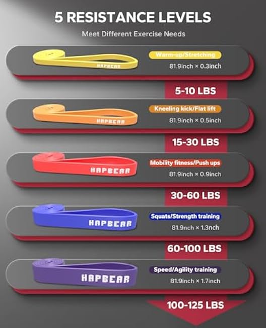 HAPBEAR Pull Up Assistance Bands Set of 5 - Resistance Bands for Working Out, Stretching, Physical Therapy, Muscle Training