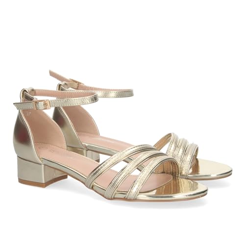 shoes&blues.es 81453-Sandalia de Tacon para Mujer, Comoda, con Pala Fina, y Cierre Ankle Strap de Hebilla. Talla 37 Oro
