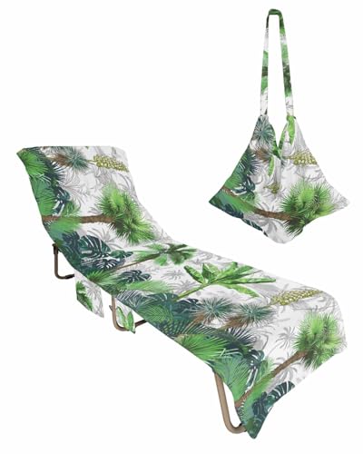 Palm Leaves Beach Lounge Chair Towel Cover, Soft Chaise Lounge Towel with Side Pockets Patio Pool Chairs Cover for Beach/Pool Sunbathing 29x85 Tropical Green Tropical Plants Trees Green