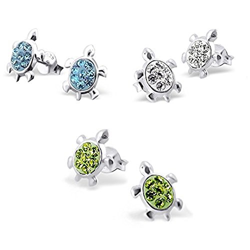 Katy Craig Lot de 3 paires de boucles d'oreilles à tige en argent sterling 925 en forme de tortue en strass Bleu/blanc/vert