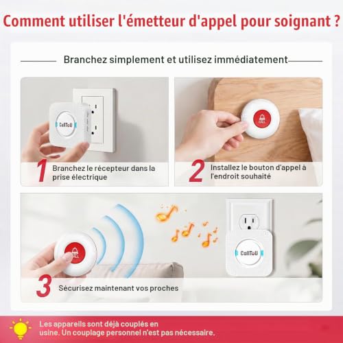 CallToU Bouton d'appel d'urgence Bouton d'appel sans Fil système d'alarme infirmière 500 + Pieds pour la Maison/Personnes âgées/Patients/handicapés (2 émetteurs 3 récepteurs) – vue 6