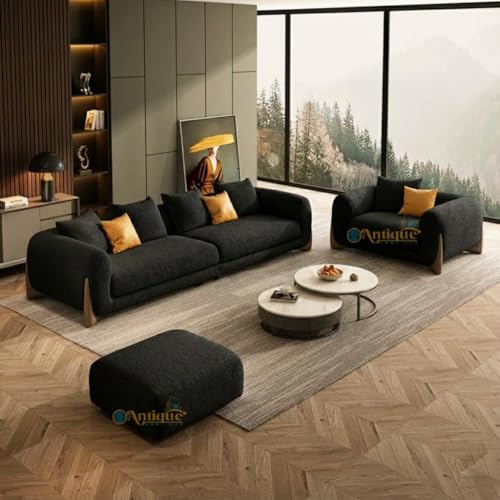 Image of Modern Sofa, Teddy Fabric, Chesterfield Style, Wooden Legs, for Living Room, Bedroom, Hallways (3+1+Ottoman, Black)