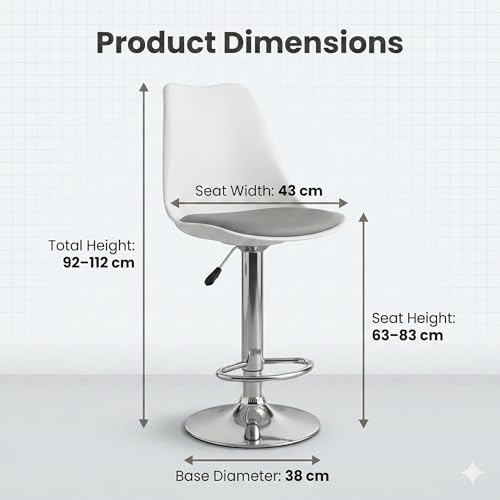 Image of activa Rapid Bar Stool Chair with Height Adjustable Design, Padded Seat & Footrest | Modern Metal Counter Stool for Kitchen, Home, Bar & Cafe Seating | Durable Comfort Chair (White & Grey, Set of 2)