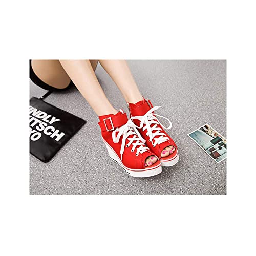 Image of OCHENTA Women's Peep Toe Wedge Sneakers Canvas Platform Shoes Side Zipper Lace up Buckle Fashion Sneakers Walking Shoes