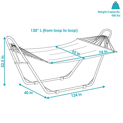 Image of Sunnydaze Quilted Double Hammock with Stand for Outside - 440 lb Capacity Universal Black Steel Stand - UV Resistant, Quick Dry Fabric - Pillow, Chains, and Hardware Included - Blue and Green
