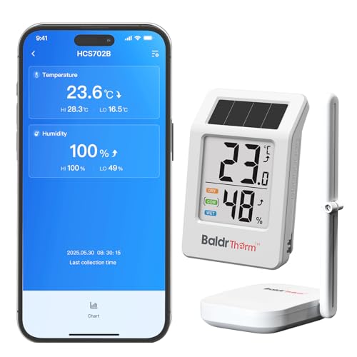BaldrTherm WiFi Thermometer, Wireless Smart Thermometer, Remote Temperature Monitor with Gateway&Solar Sensor,200ft Coverage, App Alerts,12-Month Battery, Comfort Indicator, Data Sync Recover,1Pack