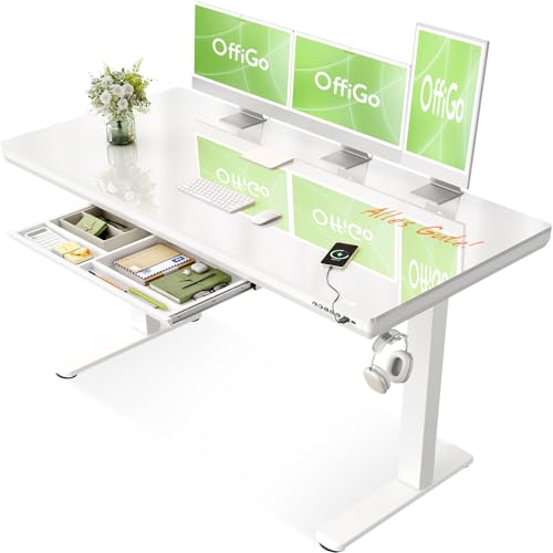 OffiGo Glas Höhenverstellbarer Schreibtisch, 140 x 60 cm Elektrischer Schreibtisch mit Schublade, Ganze Tischplatte mit USB und Type-C, Standing Desk, Steh-Sitz Glastisch für Home Office Büro, Weiß OffiGo Glas Höhenverstellbarer Schreibtisch, 140 x 60 cm Elektrischer Schreibtisch mit Schublade, Ganze Tischplatte mit USB und Type-C, Standing Desk, Steh-Sitz Glastisch für Home Office Büro, Weiß