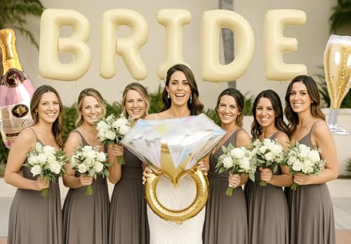 Image of PartyForever 2 Gold Glitter Ring Bachelorette Party Balloons with 40inch Bottle Balloon and Glass Balloon Hen Party Decorations Balloons for Bridal Shower