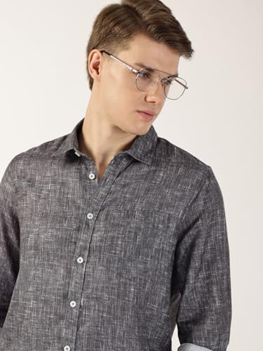 Image of Thomas Scott Men's | Printed | Textured Fabric | Full Sleeve | Regular Fit | Linen Blend | Single Pocket | Spread Collar | Casual Shirt