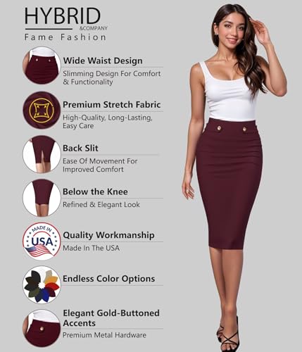 Image of Hybrid & Company Womens Pencil Skirt Premium Nylon Ponte Stretch Office Made in The USA Below Knee