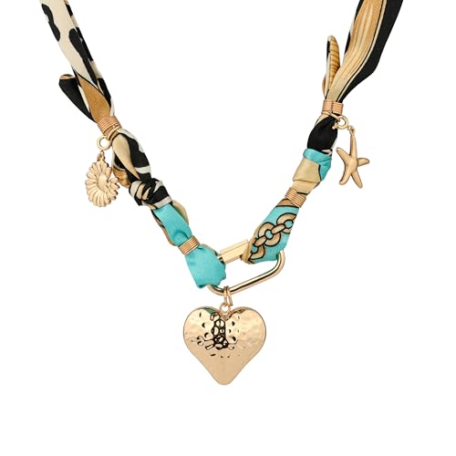 Bandana Necklace for Women - Gold Dainty Charm Necklace with Heart, Starfish, Flower Pendants, Carabiner Lock - Boho Beach Vintage Scarf Necklaces, Trendy Jewelry Gift