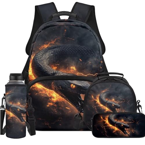 Elementary Boys Backpack with Lunch Box Flame Python Snake Bookbags for 5th Grade Kids with Large Capacity 17 Inch Backpack for Boys Portable Pencil Case Bottle Sleeve for Back to School
