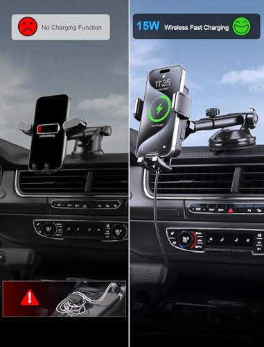 Mokpr Wireless Car Charger, Mokpr 15W Fast Charging Auto Clamping Dashboard Windshield Air Vent Car Phone Holder With Led Light Car Charger For Iphone 16 15/14/13/12 Pro Max Plus thumb #2