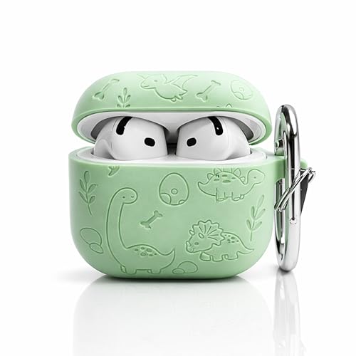 Image of Emoh Roced Case for Airpod 4 with Keychain,Silicone Dinosaur Engraved Cases Compatible with Apple AirPods 4th Generation 2024, Anti-Scratch, Protective Case Cover (Mint Green, for AirPods 4)