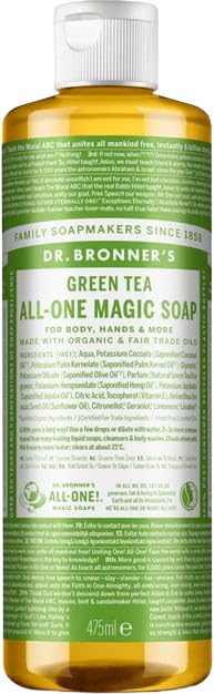 Dr. Bronners Jabón natural 18 en 1, jabón líquido orgánico, té verde, gel de ducha, jabón de manos, champú y mucho más, con aceites orgánicos, comercio justo, 475 ml