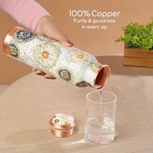 Image of Borosil 950 ml Thirtha Series Vesta Design Copper Bottle | 100% Pure Copper, BPA Free & Leakproof with Anti-Oxidant Properties of Copper | Printed Designer Bottle for Home, School & Office