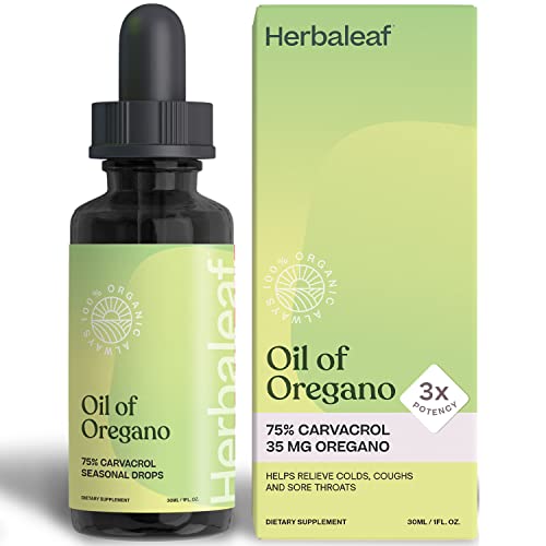 HerbaLeaf Oil of Oregano Immune Defense, Colds, Coughs, Sore Throats- Gut Support. (1 Fl Oz)