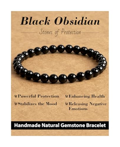 Landorilo 6mm Crystal Bead Bracelet for Women and Men, Containing Healing Gemstones, Friendship Yoga Chakra Relaxation Elastic Bracelets, Christmas, Anniversary, Birthday Gift(Black Obsidian)