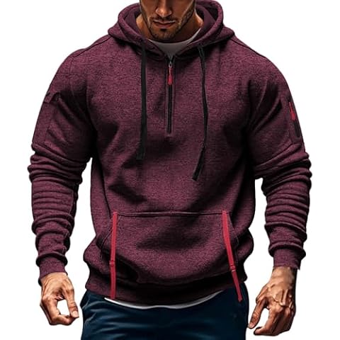 Mens Quarter Zip Tactical Hoodies Long Sleeve Polo Hoodies Vintage Casual Drawstring Hooded Fleece Sweatshirts with Kangaroos Pockets Gym Athletic Workout Pullover Tops Wine Cover