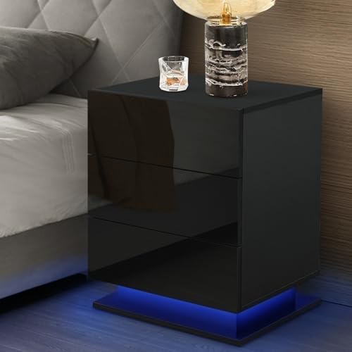 CLIPOP Mesita de Noche de Alto Brillo Frontal 3 cajones Mesa de Noche con 16 Luces LED RGB mesita de Noche de Madera para Dormitorio, Sala de Estar u Oficina (Negro)