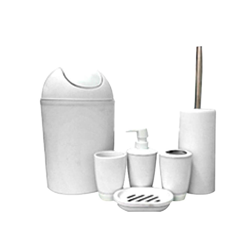 MisFox 6-Pieces Bathroom Accessory Set, Modern Stylish Solid Color Toilet Accessories Set Include Lotion Dispenser, Flip Trash Can, Toothbrush Holder, Tooth Mug, Toilet Brush & Soap Dish - White