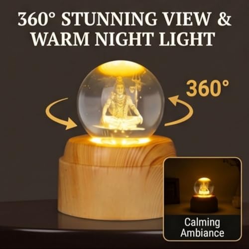 Image of 3D Crystal LED Night Lamp with Lord Shiva Engraving Wooden Base Warm Light Decorative Lamp Spiritual Home Decor Gift for Pooja Room, Bedroom Office USB Powered Crystal Ball Lamp