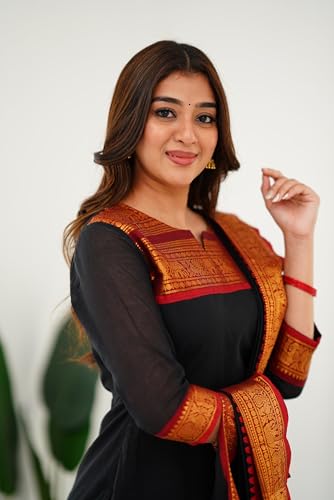 Image of TWINLIGHT Women's Kanchi Cotton Elephant Jaquard Work Kurta and Dupatta Set | V Neck 3 /4 Sleeves Straight Calf Length Kurti with Jaquard Border Work Dupatta | Kurti Set for Women