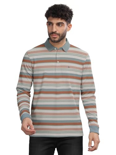 Image of BULLMER Striped Textured Printed Polo Neck Fullsleeve T-Shirt with Rib for Men