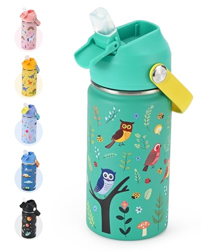 WixByti Kids Water Bottle 14oz with Silicone Straw Lid - Insulated Toddler Water Bottle Stainless Steel Keeps Cold 24H, Leak Proof & Birds Prints Design | Custom Name Tag for School, Daycare, Travel