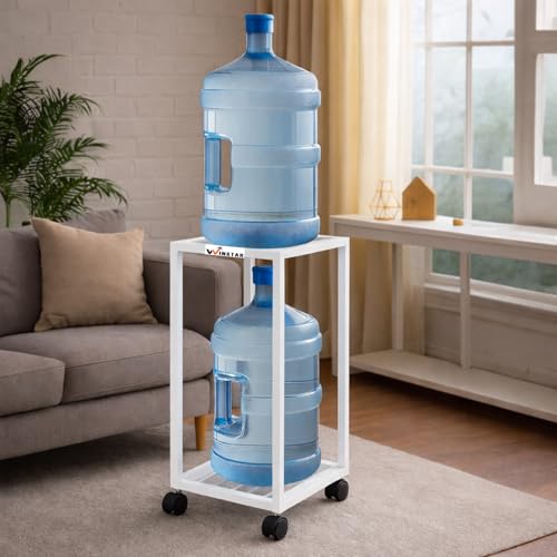 Image of WINSTAR Premium 2-Tier Metal Water Dispenser Stand for 20~25 Litre Bottle, Cans Or Jars with Lockable Wheels | Heavy Duty Multifunctional Metal Frame Cart | (White)