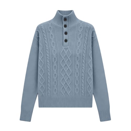 Sweaters for Women Mock Neck Cable Knit Pullover Button Collar Loose Fall - image 7