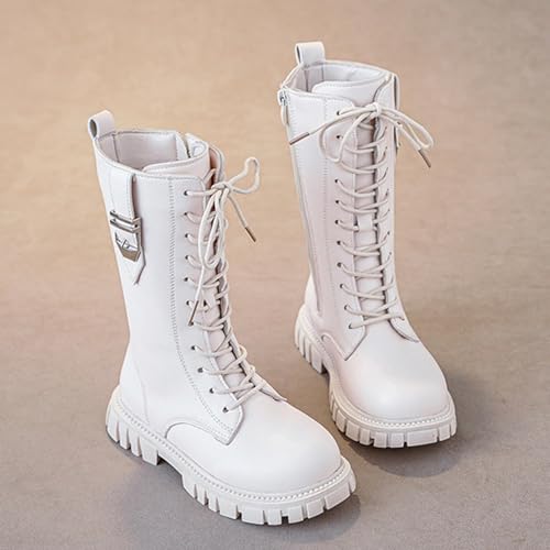 White Boots for Girls,Girls White Boots,Lace Up Riding Booties Mid Calf Combat Booties Pu Leather Side Zipper Punk Goth Boot 4-11 Years,Fashion Comfortable Round Toe Low Heel Combat Riding Boot3