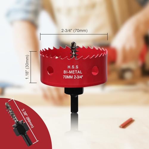 Image of 2-3 /4 Inch Hole Saw for Wood, 70mm HSS BI-Metal Hole Saw for Recessed Lighting, 30mm Cutting Depth Hole Cutter with Hex Shank Drill Bit Adapter for Cornhole Boards Plastic Drywall Fiberboard, Red